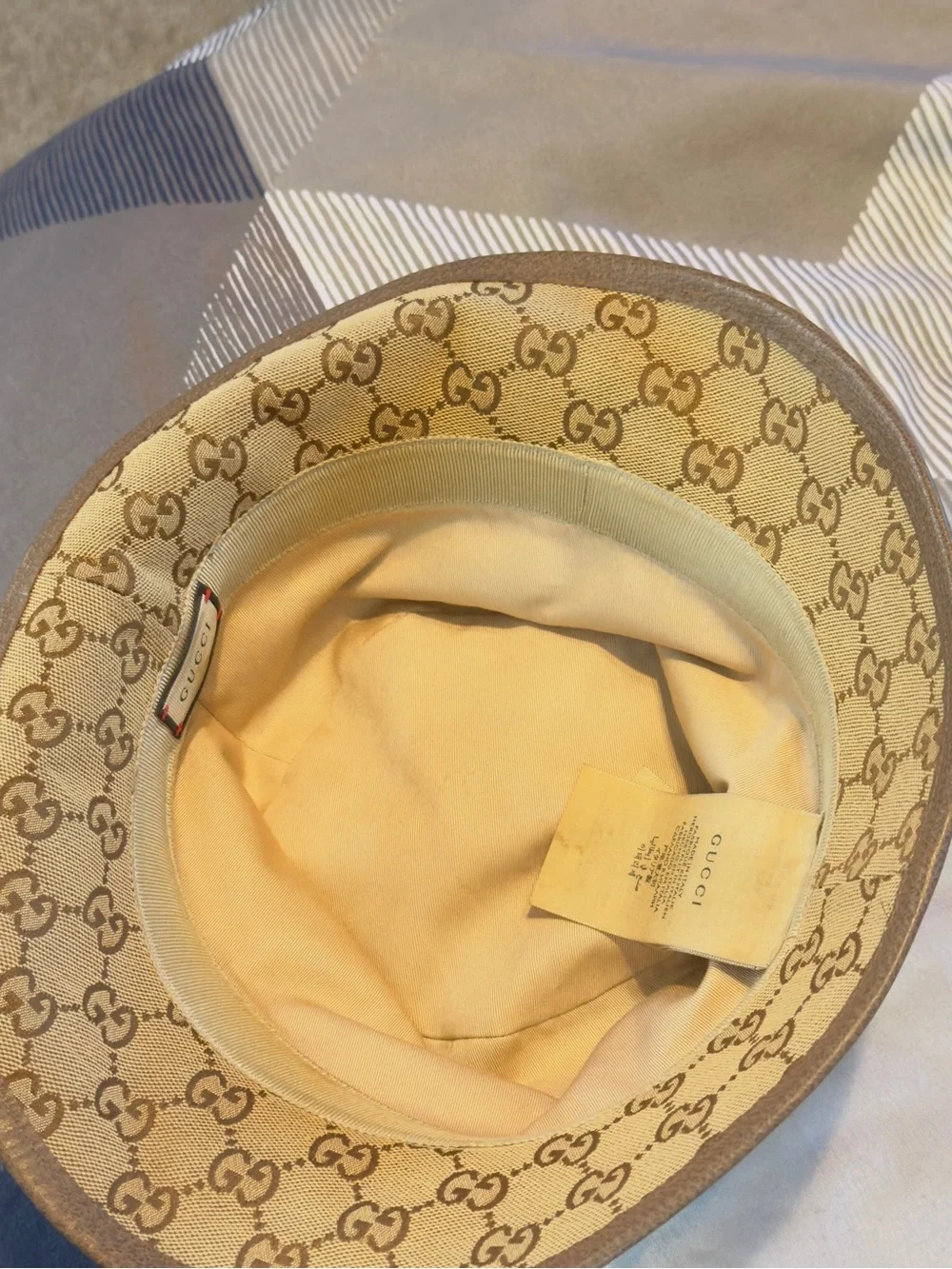 Gucci Beige GG Monogram Bucket Hat with Taupe Band and Gold Logo